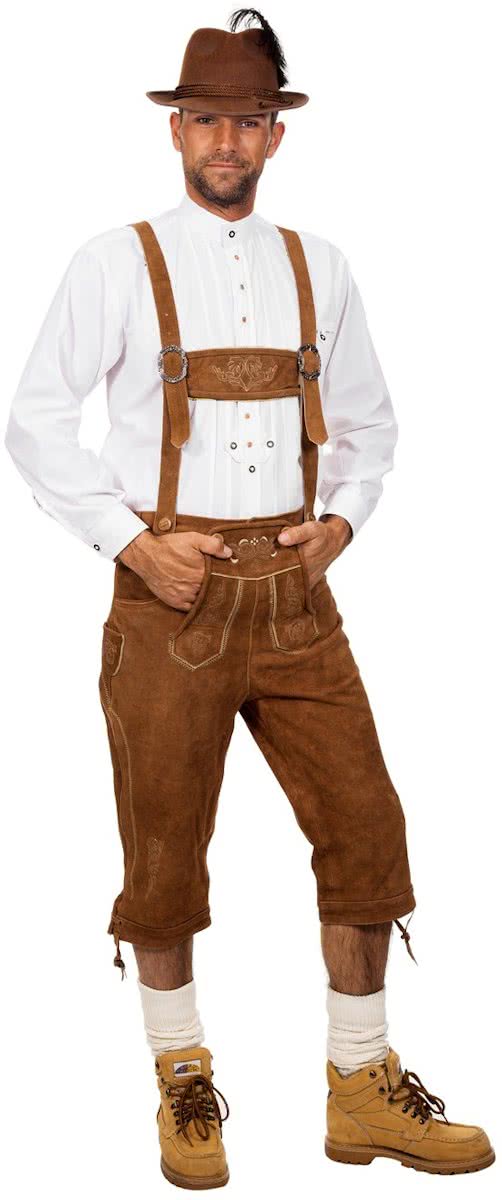 Echte lederhosen halflang Camel kleur | Oktoberfest kleding maat 52 (L)